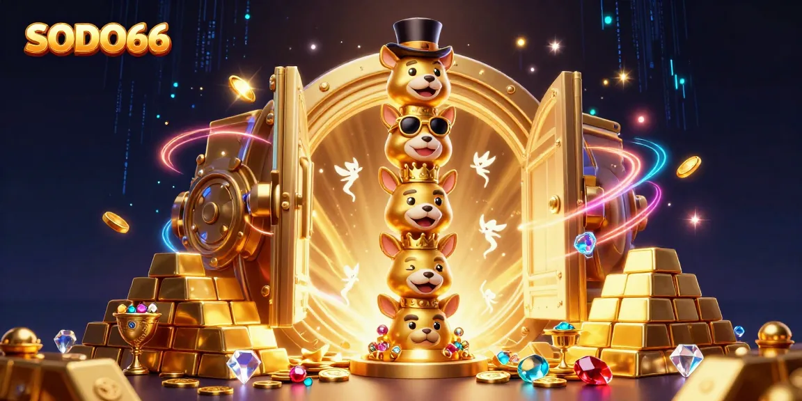 SODO66 offers a vibrant 3D casino-themed illustration with a golden totem, treasures, and enchanting visuals.