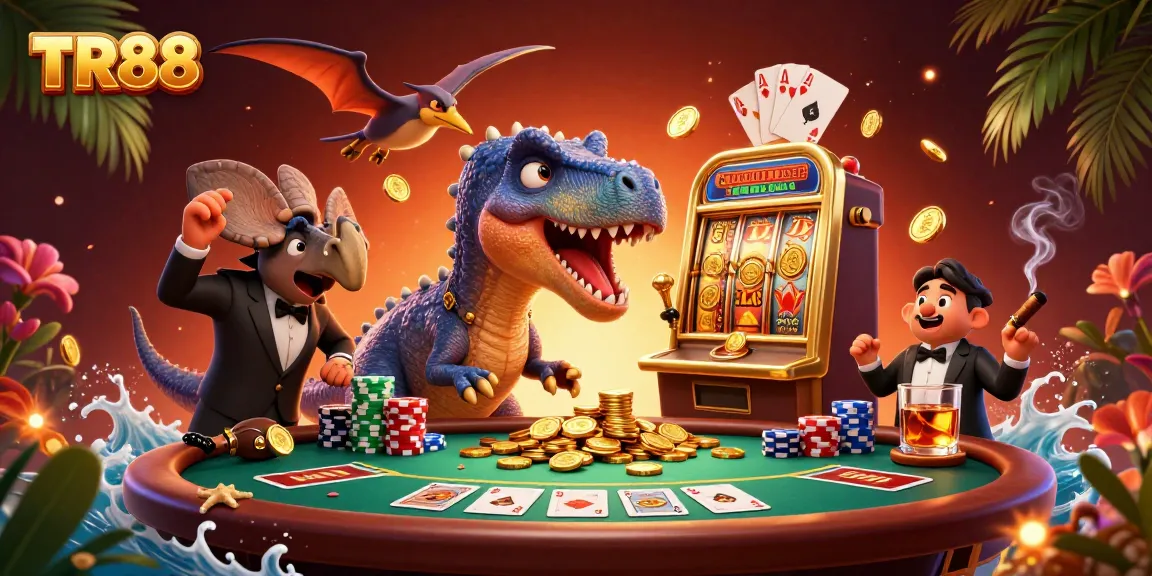 TR88 casino scene featuring a pachycephalosaurus winning slots, amid dynamic poker elements and coins.