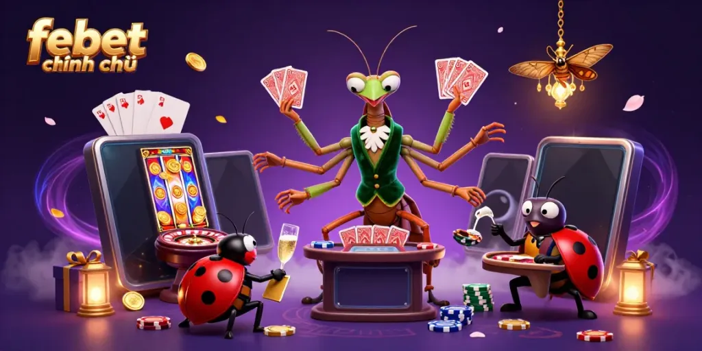 Experience thrilling action at febet chính chủ with cartoon characters engaging in online casino games surrounded by vibrant gaming elements.