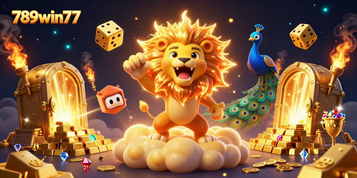 Engage with the exciting golden theme of 789win77 in a vibrant casino scene featuring treasure and luck.