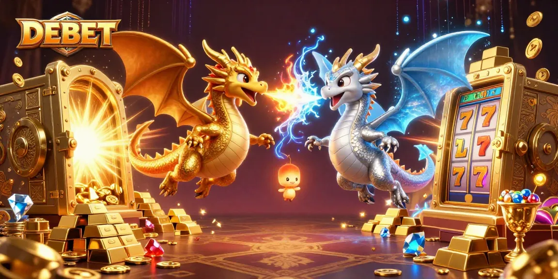 DEBET showcases thrilling casino magic with golden treasures, intertwined dragons, and vibrant slots.