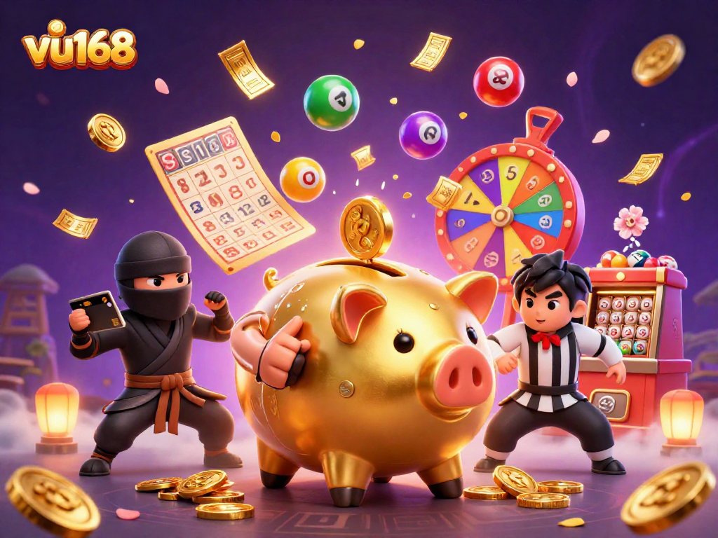 Join the excitement at vu168 with vibrant illustrations of a golden piggy bank sumo wrestler and dynamic elements.