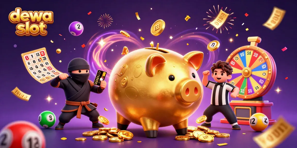 Play dewa slot with a joyful scene of a sumo wrestler piggy bank in a dynamic casino atmosphere.