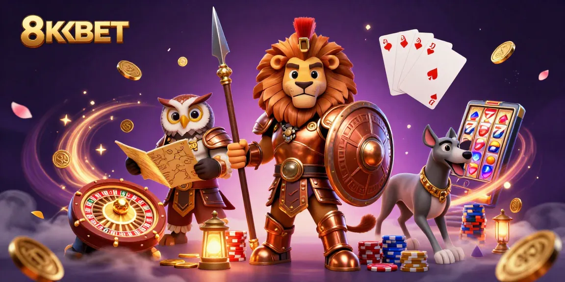 Engage with 8KBET's thrilling casino adventure featuring a heroic lion, strategic owl, and swift greyhound.
