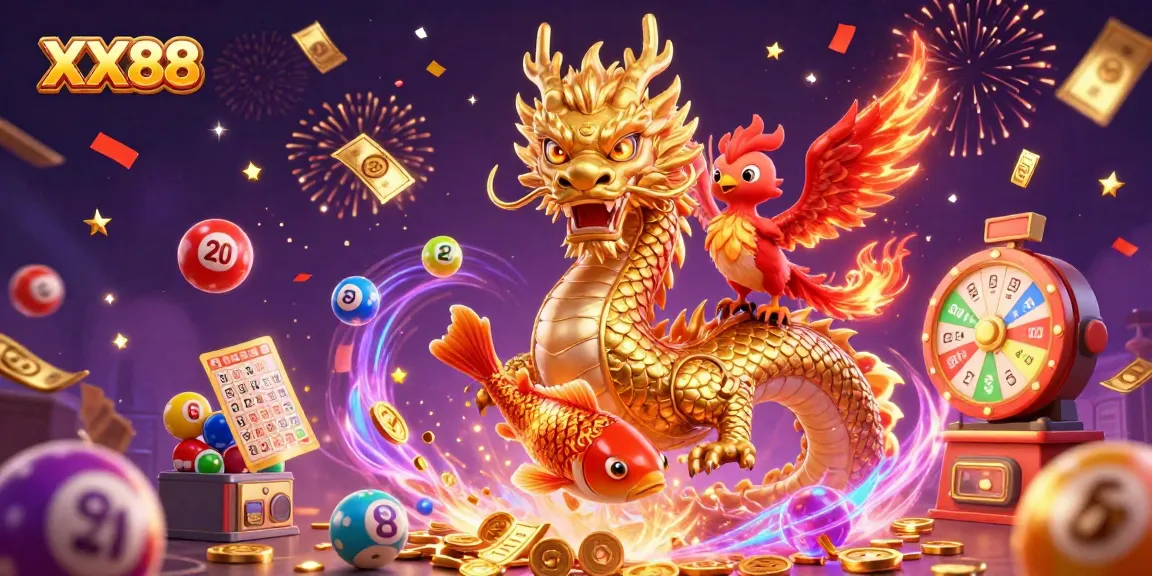 Experience thrilling gaming with XX88 in a vibrant 3D casino scene featuring a golden dragon, phoenix, and koi fish.