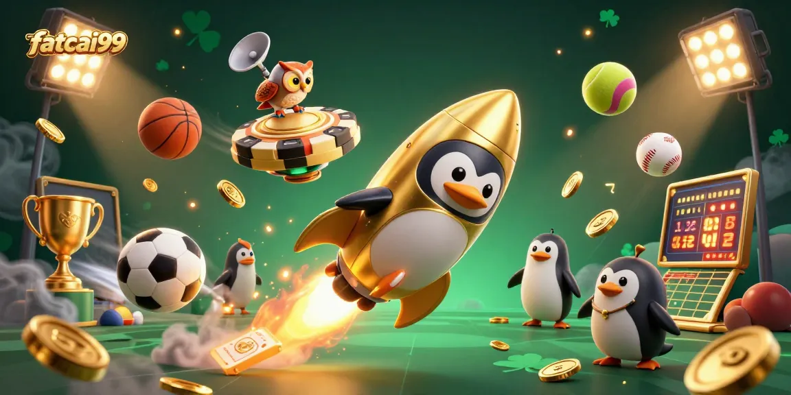 Bet on fatcai99 with vibrant sports action elements and a dynamic golden penguin theme.