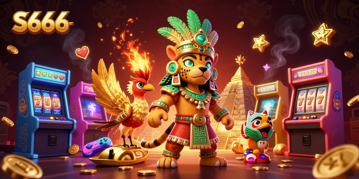 S666 showcases vibrant online gaming in a dynamic casino atmosphere with colorful arcade machines and golden elements.
