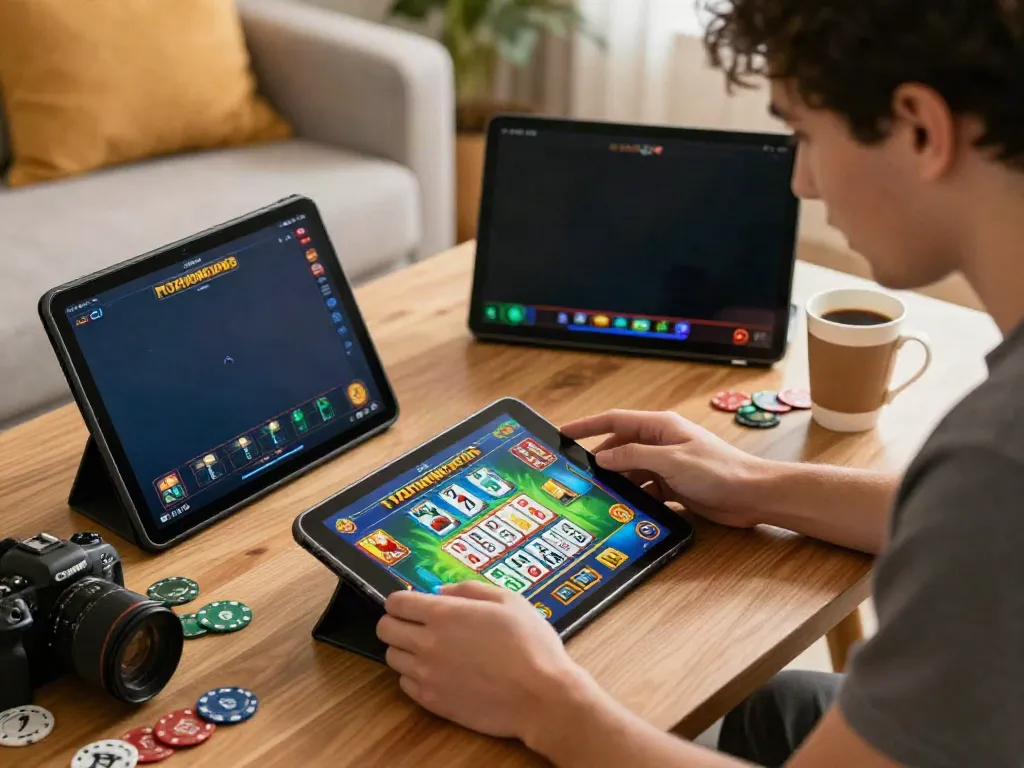 Player enjoying Slot MAHJONGJP88 on tablet in a cozy home setting.