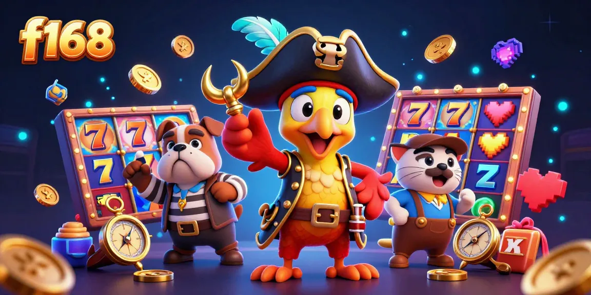 Join f168 for an exciting casino adventure featuring a pirate parrot captain amidst colorful slot machines and jackpot symbols.