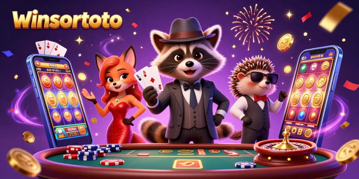 Winsortoto showcases vibrant casino scene with characters depicting a winning poker hand amidst golden coins and festive confetti.