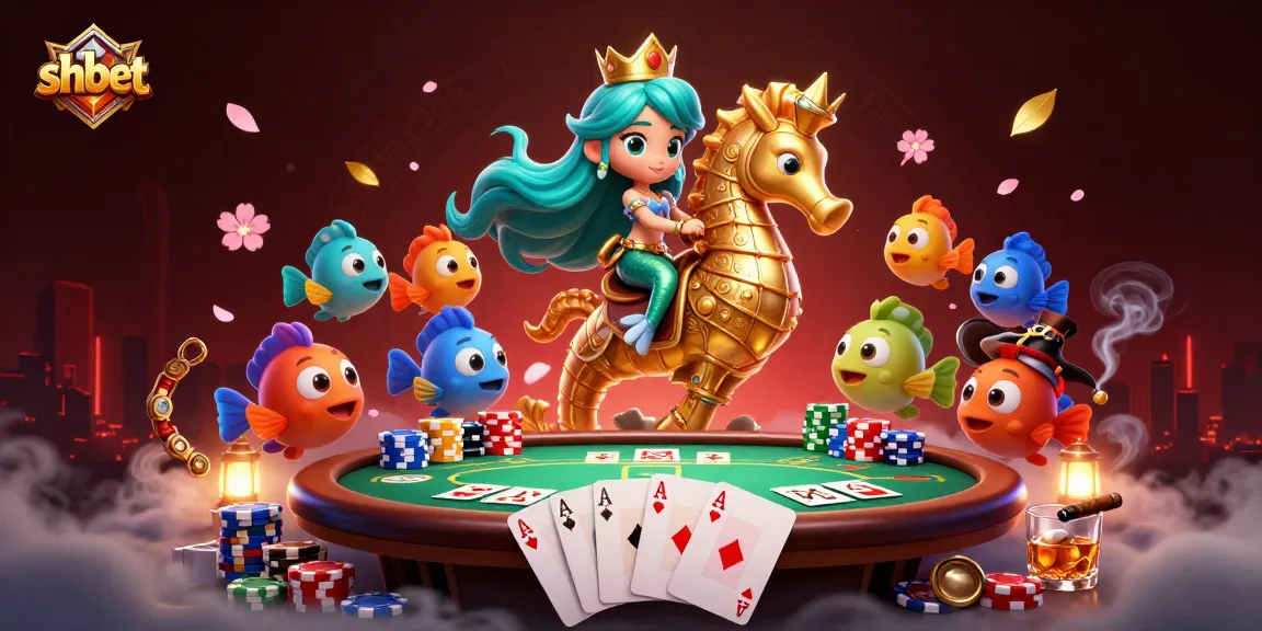 Experience thrilling gaming with shbet as a mermaid princess rides a seahorse amidst poker elements and vibrant sea life.