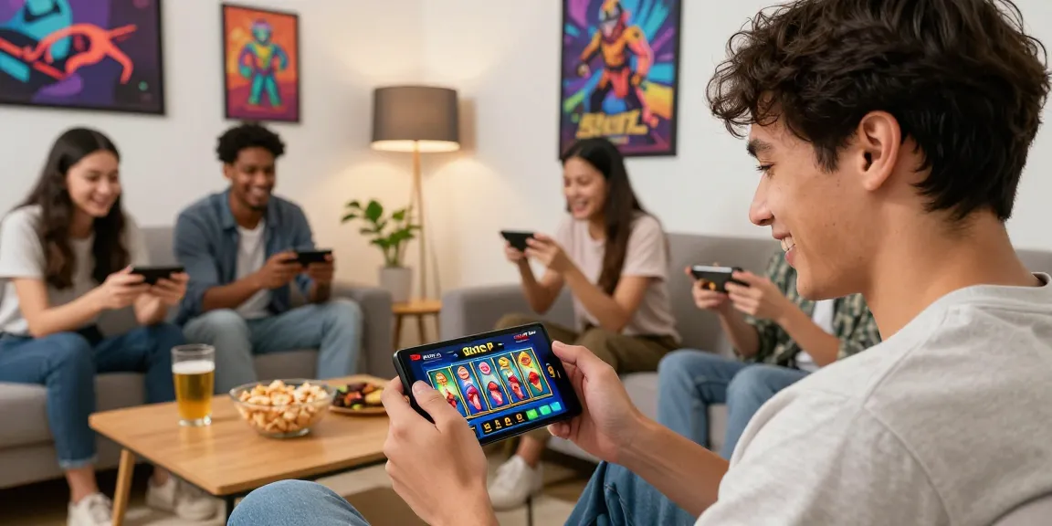 Enjoying a thrilling gaming experience while download file on Slots PK app in a cozy living room.
