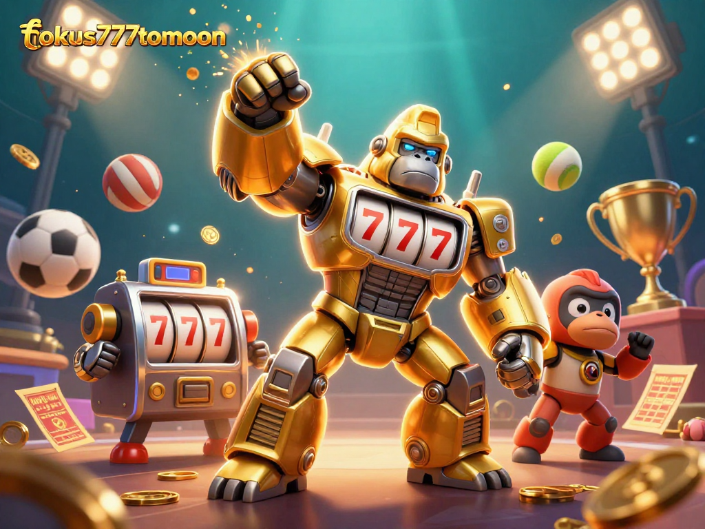 Experience thrilling action with the fokus777tomoon 3D gorilla slot machine mech amidst vibrant sports and casino elements.