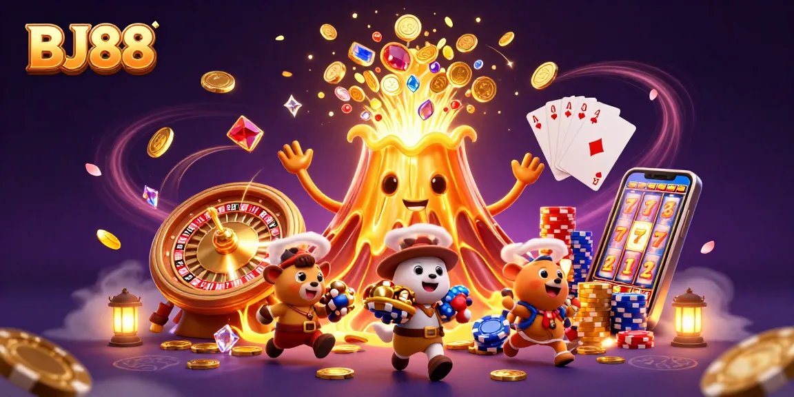 Experience thrilling wins with BJ88 in a rich, dynamic casino scene featuring treasure and excitement.