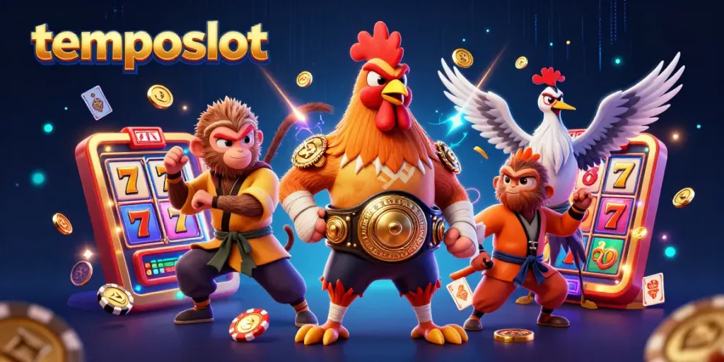 Experience the thrill of temposlot with vibrant 3D characters and casino elements in this dynamic illustration.