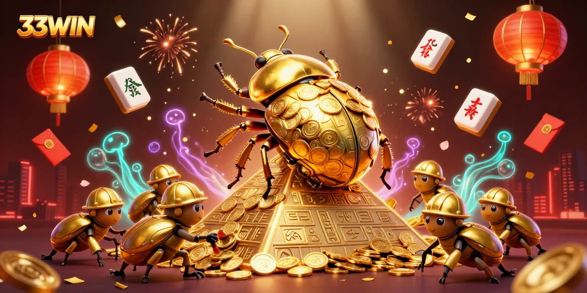 Engage in the vibrant world of 33WIN with a dazzling 3D casino illustration showcasing golden beetles and festive symbols.