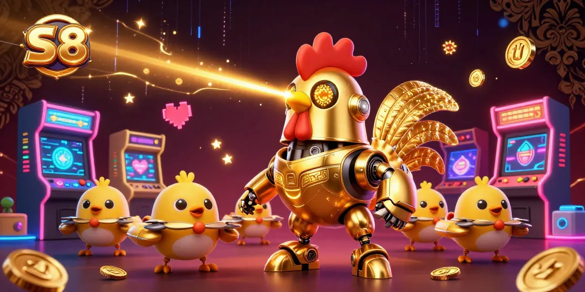 Engage in thrilling gameplay with S 8 as the vibrant golden rooster robot leads a dynamic arcade adventure.