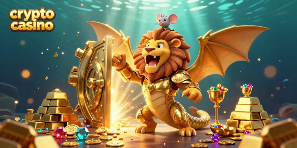 Experience the excitement of a crypto casino with a triumphant chimera, gold treasures, and dazzling gems.