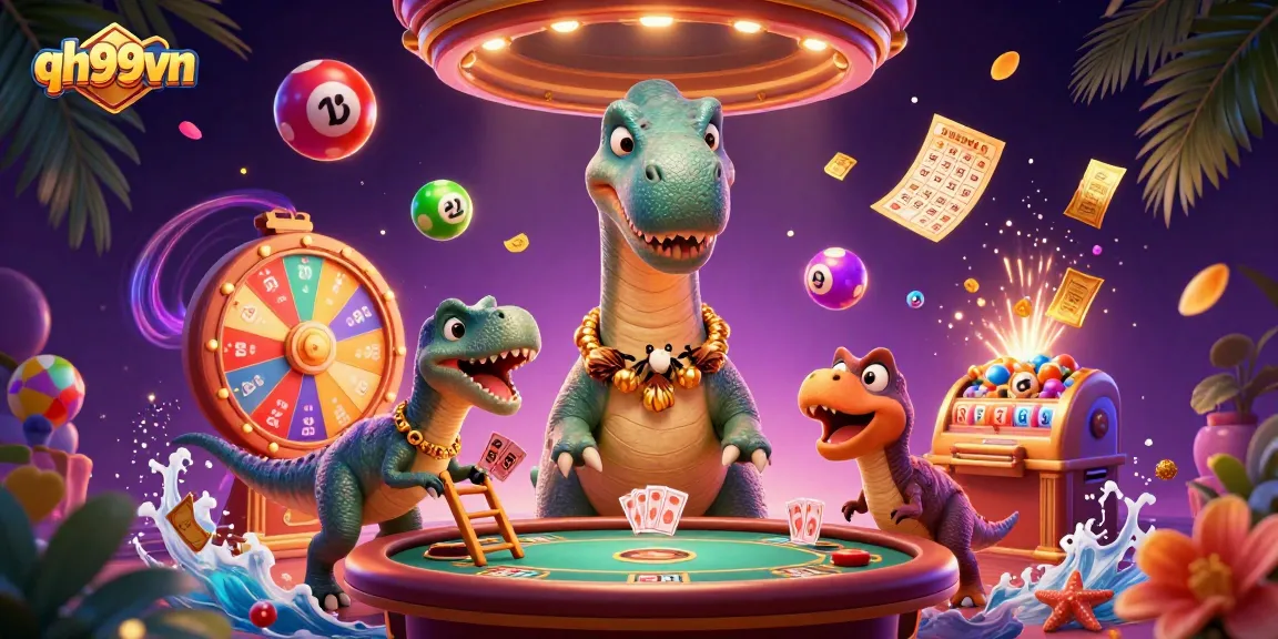 Engage with the vibrant world of qh99vn, where a dinosaur oversees a lively casino atmosphere.