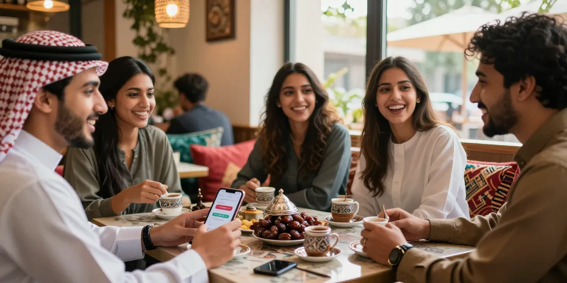 Dynamic group conversation at a cafe featuring شات الرياض on smartphone.