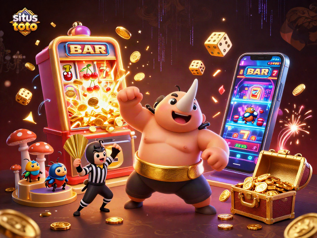 Experience vibrant situs toto excitement with a dynamic illustration of a beetle sumo champion and rich casino themes