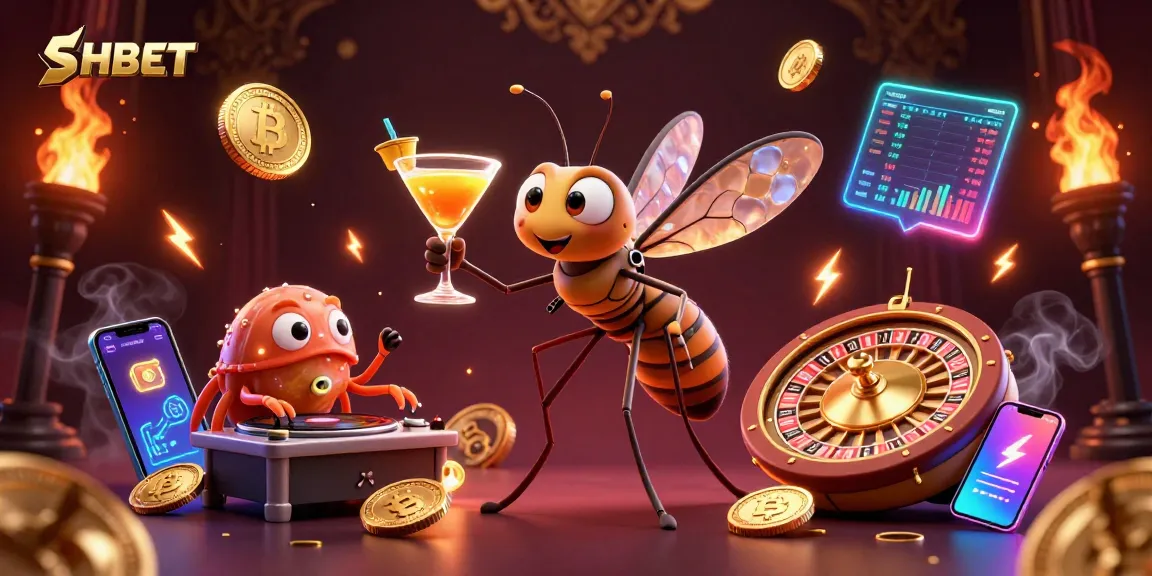 Experience SHBET with a dynamic illustration featuring a casino mascot, NFT elements, and crypto coins.