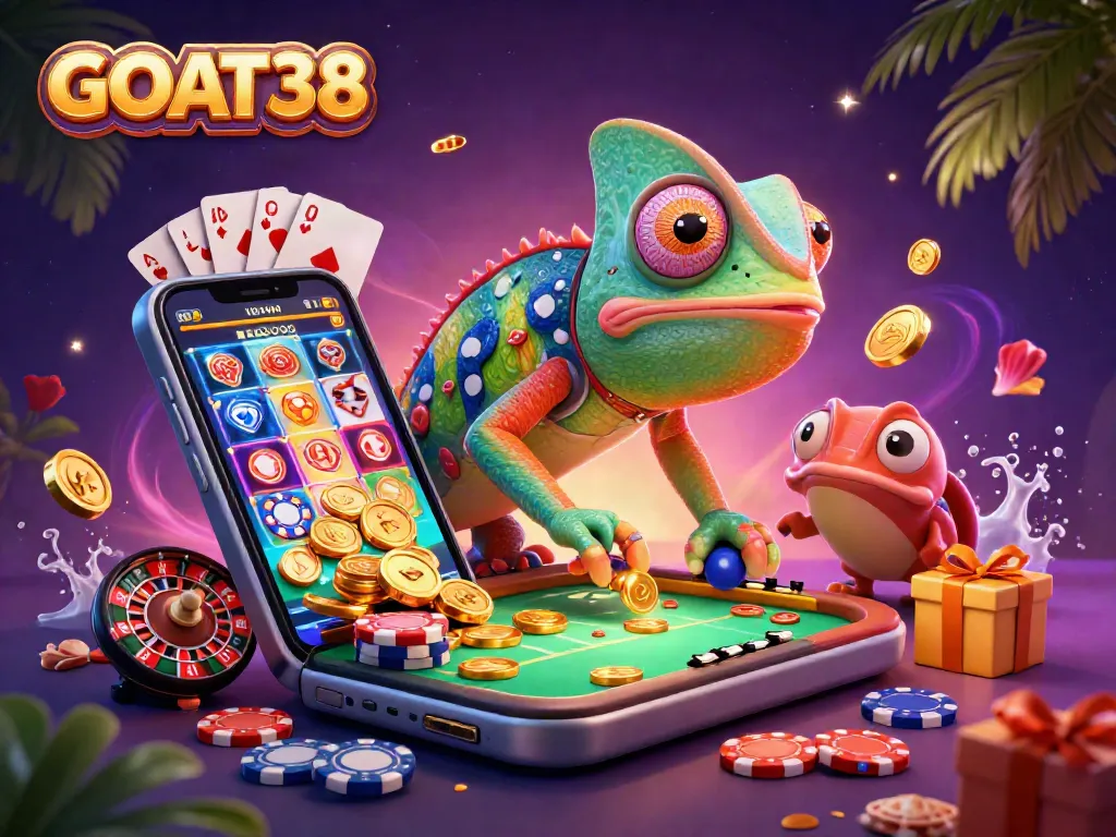 Engage with GOAT38’s 3D chameleon owner amidst vibrant casino elements and gaming action.