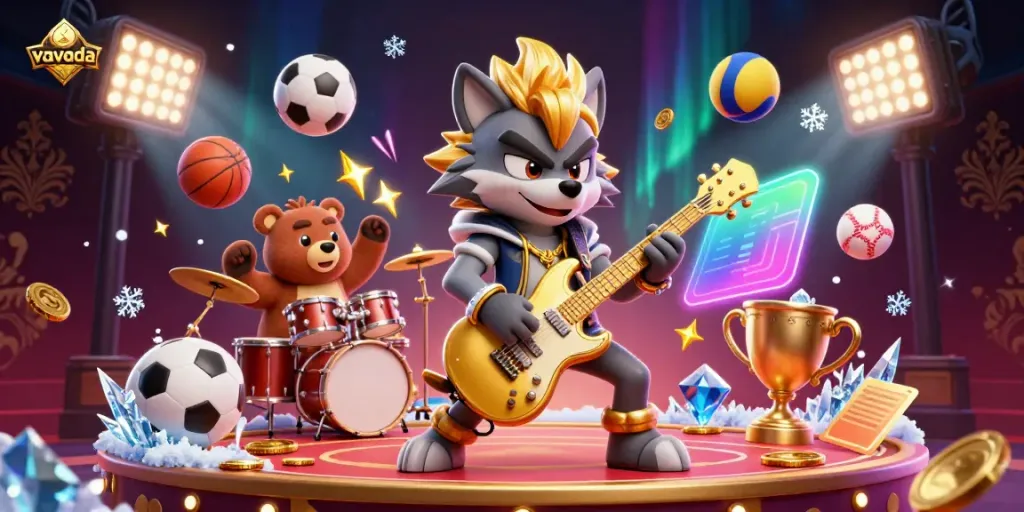 Experience thrilling action at vavada casino with a dynamic 3D illustration of a rock star wolf and drummer bear.