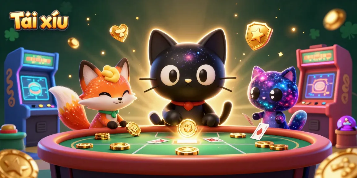 Tài xỉu game scene with a black hole cat and colorful fox at a cosmic casino table, surrounded by arcade elements.