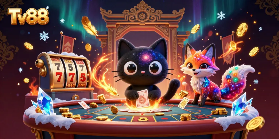 Tv88 black hole cat and nebula fox creating a jackpot atmosphere at a cosmic casino table.
