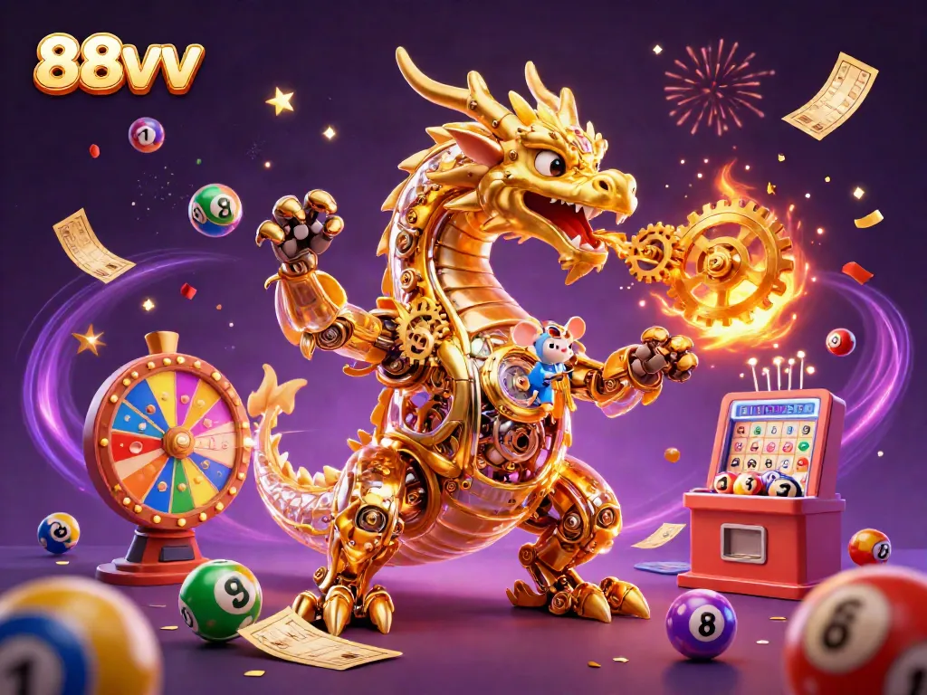 88vv showcases vibrant gaming energy with a golden dragon amidst colorful lottery elements in an exciting casino scene.