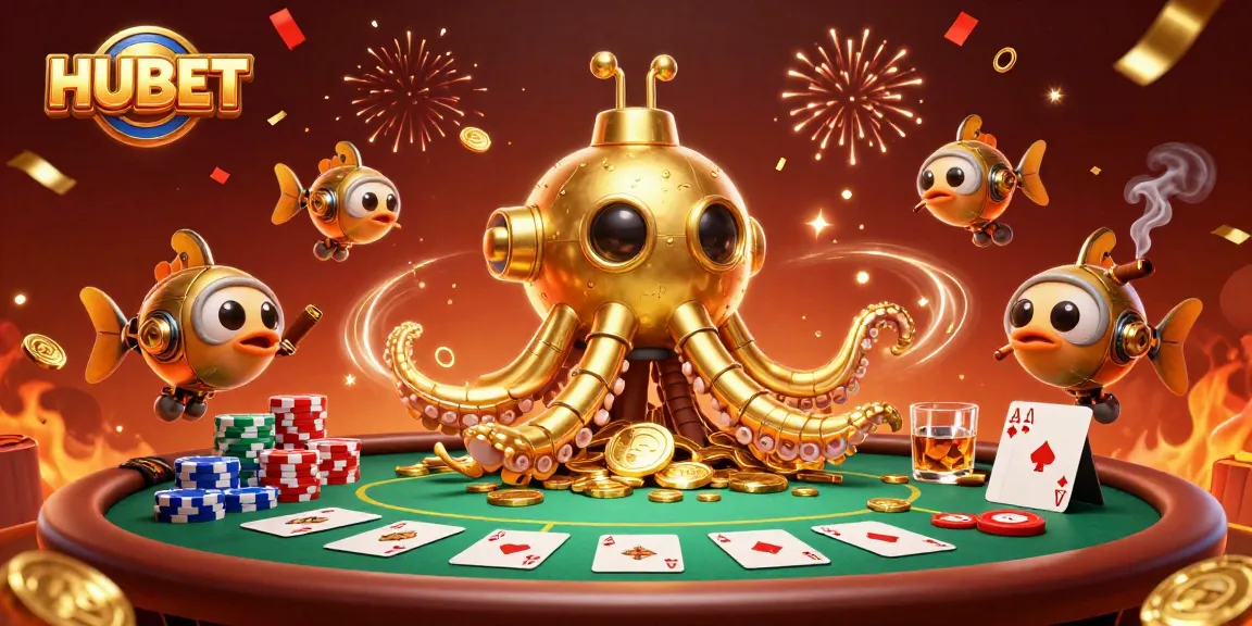 HUBET offers a thrilling underwater casino experience with a golden kraken submarine amidst poker tables and vibrant celebrations.
