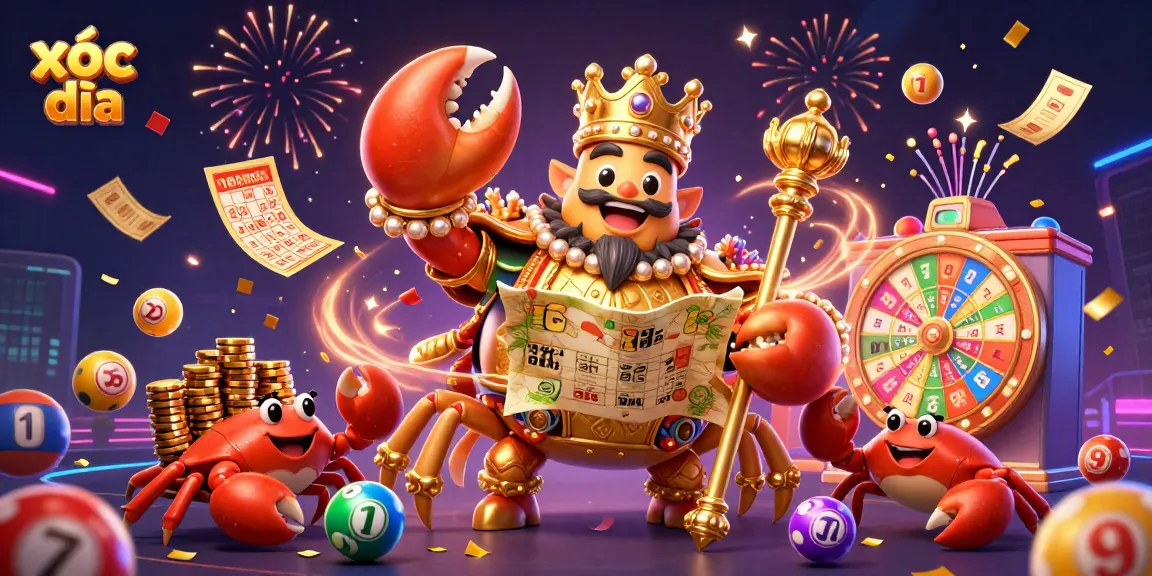 Engage in xóc đĩa with exhilarating gameplay featuring a golden crab emperor amidst vibrant lottery elements.