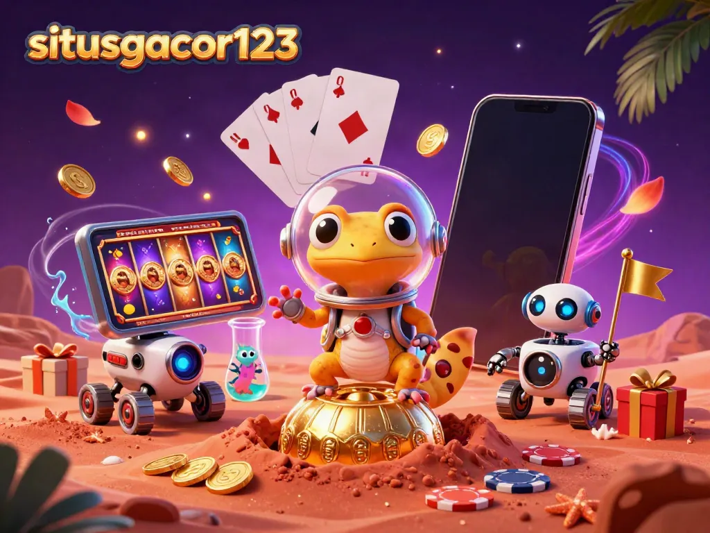 Experience the excitement of situsgacor123 with a Martian gecko discovering a golden casino in a vibrant 3D illustration.