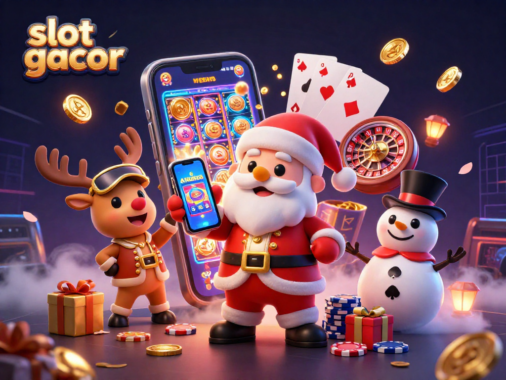 Dapatkan kemenangan slot gacor dengan Santa, rusa, dan salju dalam ilustrasi kasino 3D yang menarik.