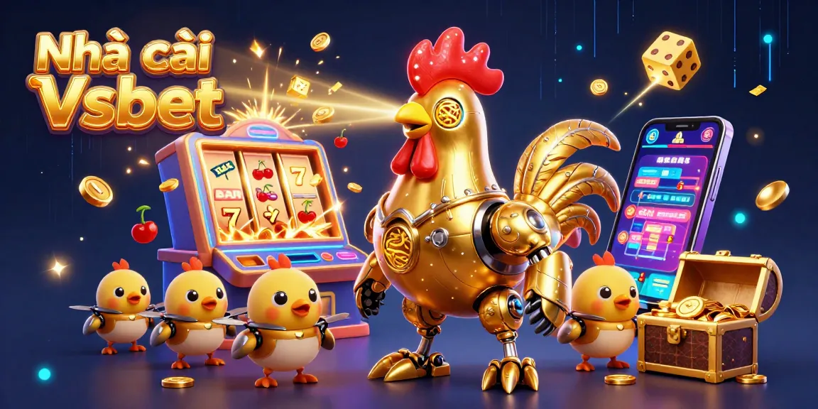 Nhà cái Vsbet showcases an explosive slot game scene with vibrant 3D characters and casino elements.