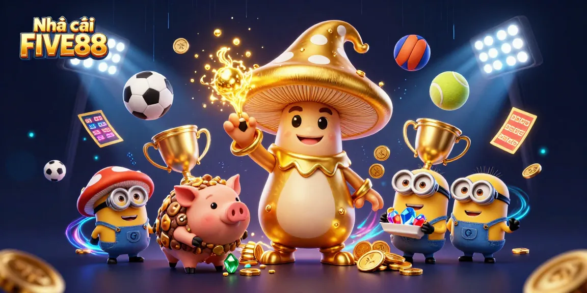 Engaging scene of Nhà cái FIVE88 where a golden mushroom wizard and treasure-hunting pig enchant players with excitement.
