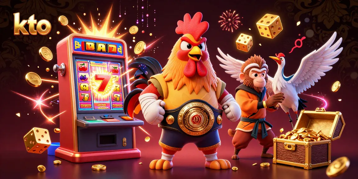 Experience excitement in KTO’s casino with a muscular rooster and martial artists amidst vibrant games