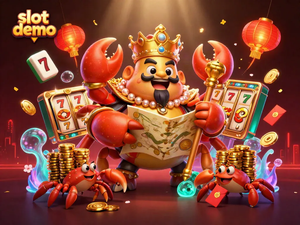 Slot demo dalam permainan dengan kepiting emas raksasa dan elemen keberuntungan.