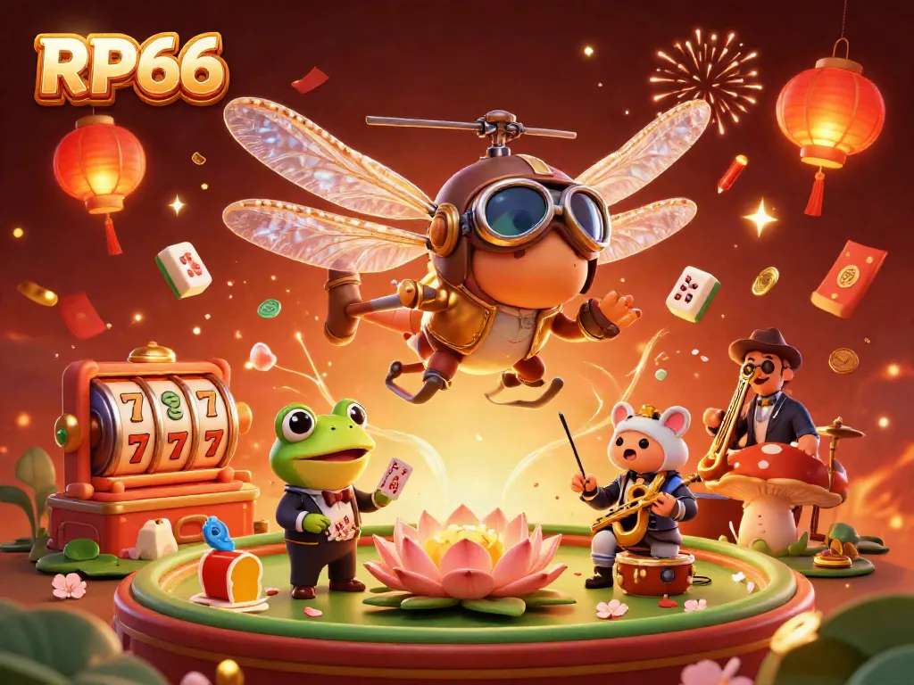 Experience RP66 with a vibrant casino scene featuring animated characters and slot elements.
