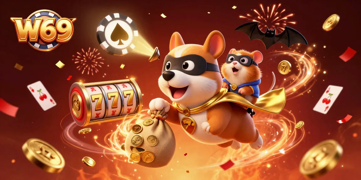 Join the excitement at W69 Casino as cartoon characters celebrate around rich slot game elements.
