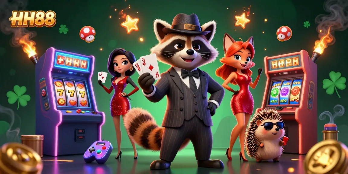Experience thrilling wins at HH88 with a vibrant casino scene featuring exciting slot machines and charming characters.