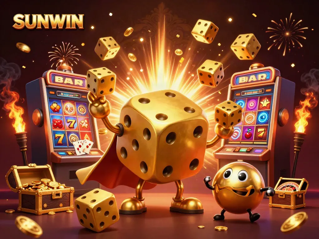 SUNWIN showcases thrilling jackpot excitement with a golden dice golem and slot machine bursting with rewards