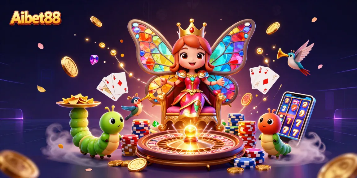 Aibet88 showcases a vibrant 3D illustration with a butterfly queen, casino elements, and gold coins flying.