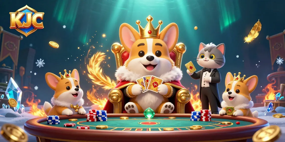 Engage with KJC in a colorful 3D casino scene featuring a royal corgi and a cat butler.