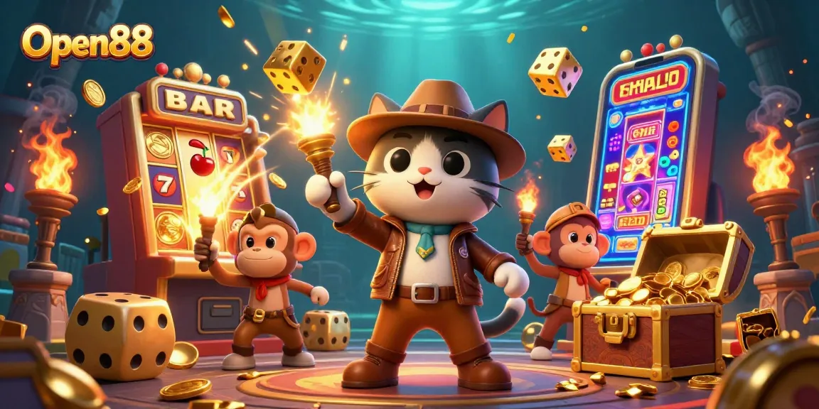 Join the excitement at Open88 with a cartoon cat and monkey exploring a treasure-filled casino.