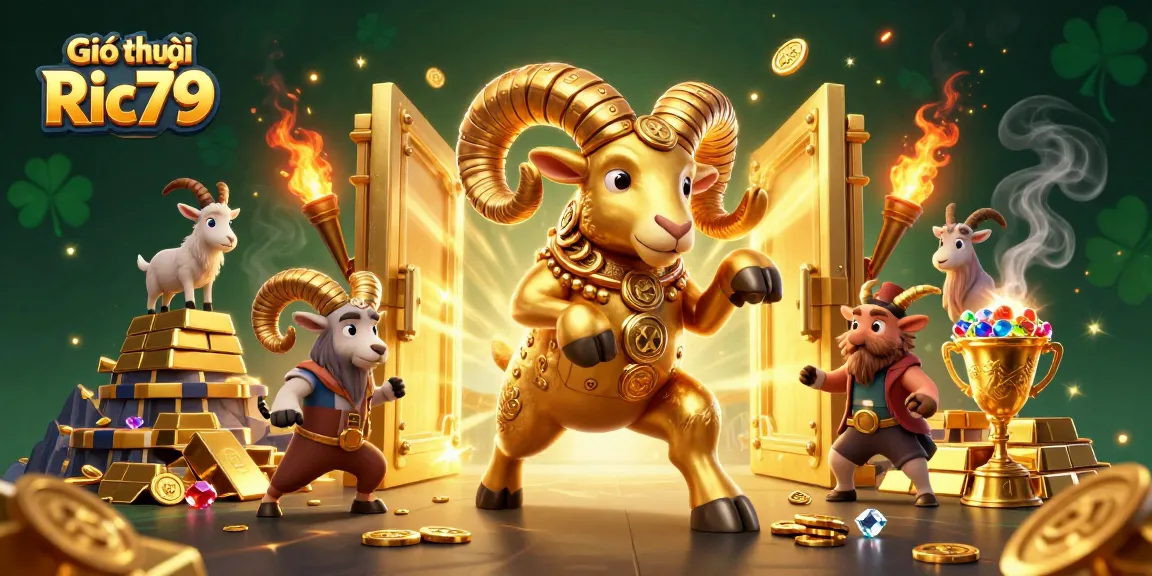 Engage with Giới thiệu Ric79, showcasing a glorious golden ram charging at a treasure vault in a vibrant casino scene.