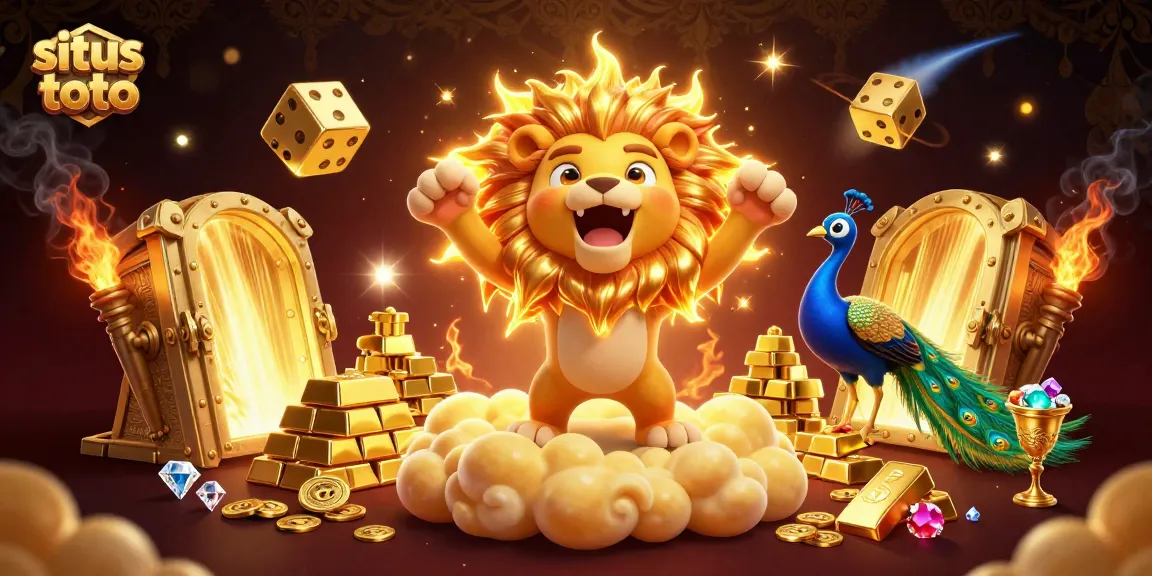 Experience situs toto excitement with a roaring lion amidst vibrant casino treasures.