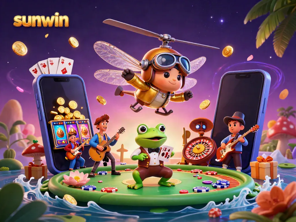 Experience sunwin’s thrilling games with a dynamic frog croupier and cartoon characters amidst colorful slot action.