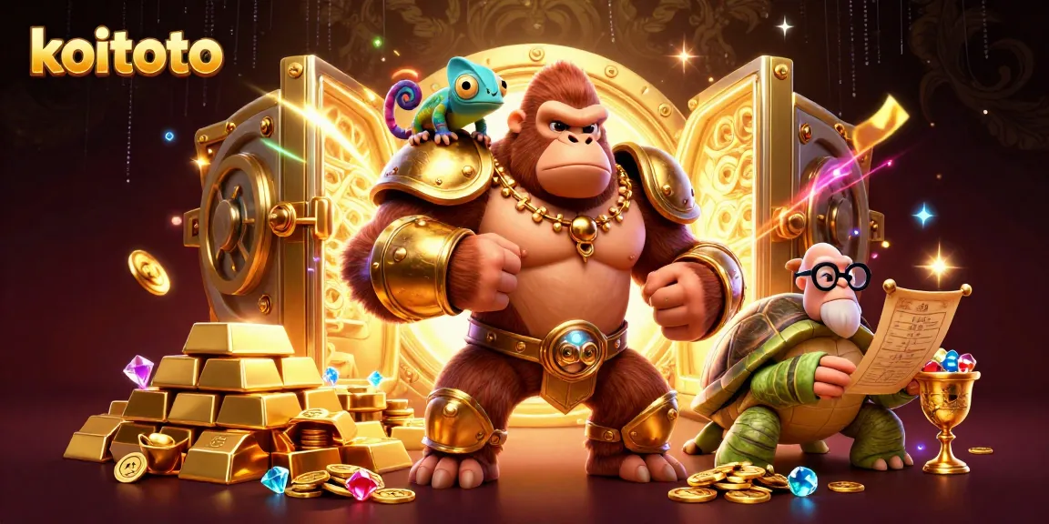 Koitoto's thrilling cartoon scene featuring a golden-armored gorilla, a chameleon companion, and a wise tortoise amidst treasures and gaming elements.